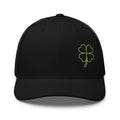 4 Leaf Clover Trucker Cap embroidered clover front mesh back Permacurv visor 3.5in crown adjustable plastic strap