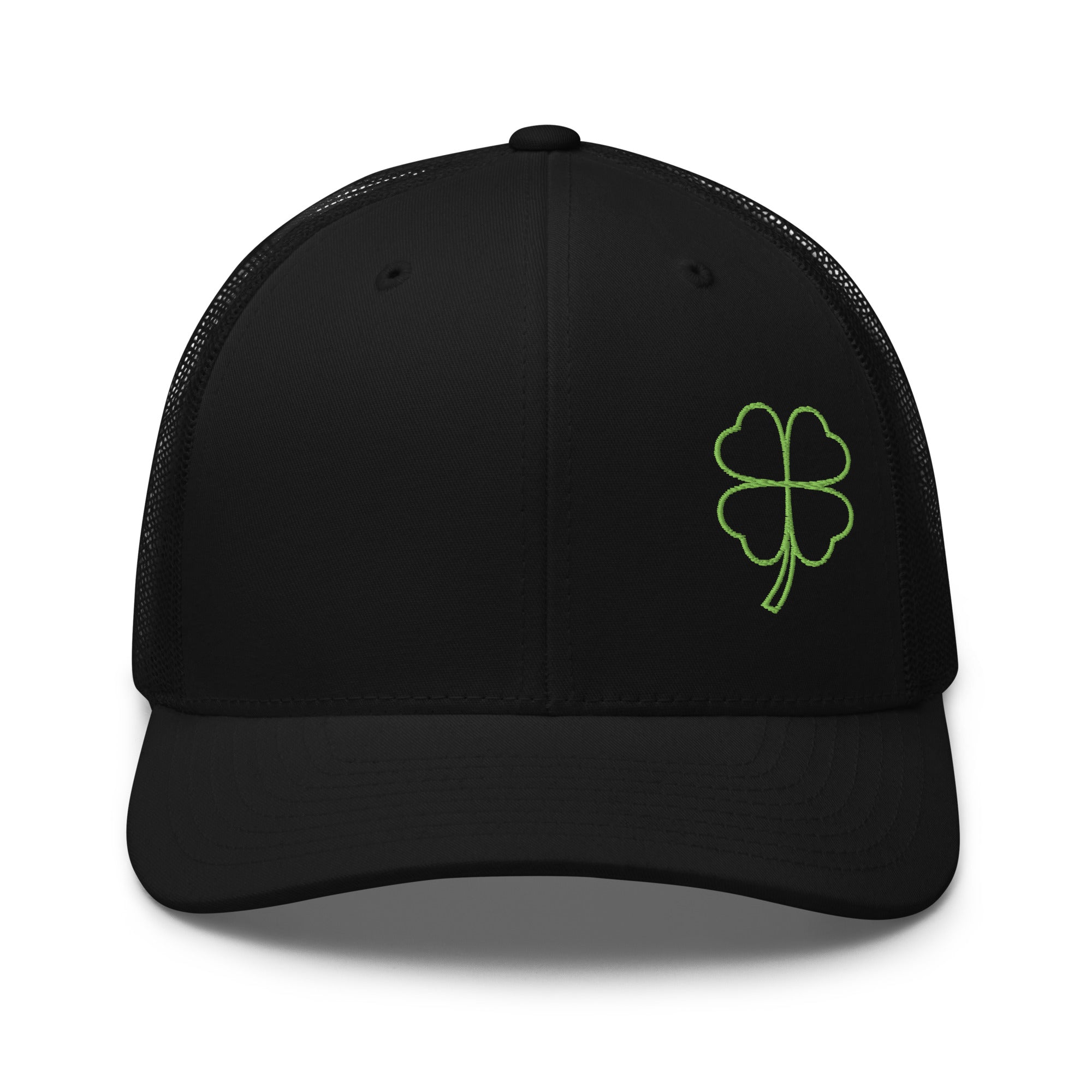 4 Leaf Clover Trucker Cap embroidered clover front mesh back Permacurv visor 3.5in crown adjustable plastic strap