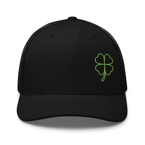 4 Leaf Clover Trucker Cap embroidered clover front mesh back Permacurv visor 3.5in crown adjustable plastic strap